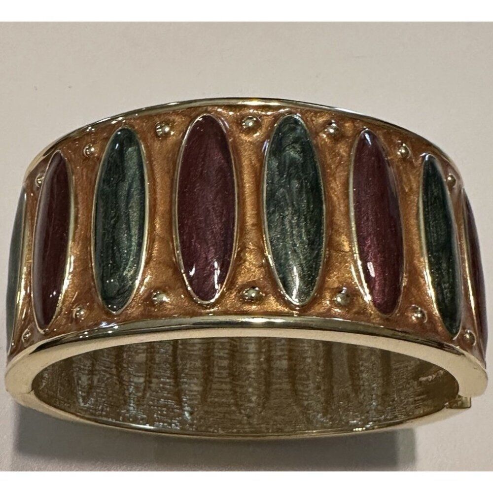 Gold Tone Red Green Enamel Wide Spring Hinged Bangle Bracelet Oval Glitter Clamp